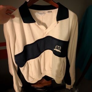 Vintage Christian Dior Men's Green and Cream Crew Neck Sweater